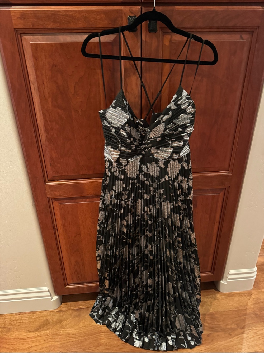 ASTR Black Floral Pleated Maxi Dress with Silver Accents
